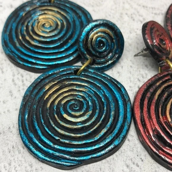 Retro Spiral Swirl Statement Rustic Modernist Abstruct Earrings Dangle Drop Long - Picture 3 of 6